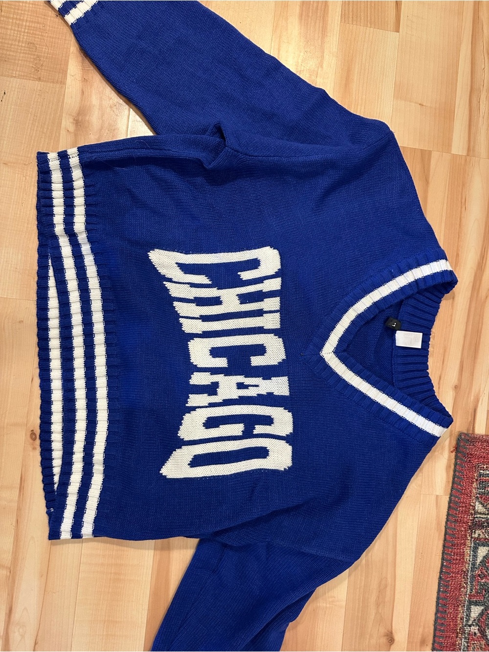H&M Royal Blue V-Neck 'CHICAGO' Varsity Sweater with White Trim